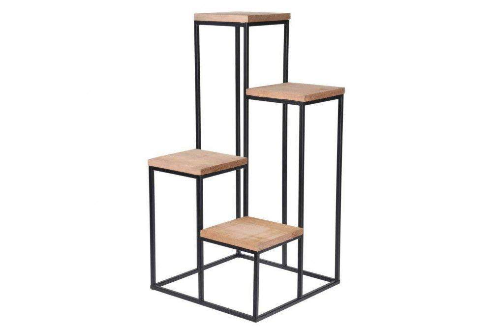 Metal Frame Wood Top 4 Rectangular Columns Plant Stand